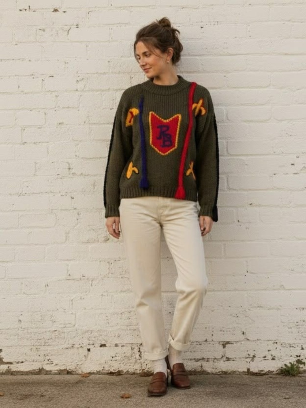 Vintage 80s Chunky Hand Knit Varsity Crest Sweater Grandpacore Rugby Prep. SZ M